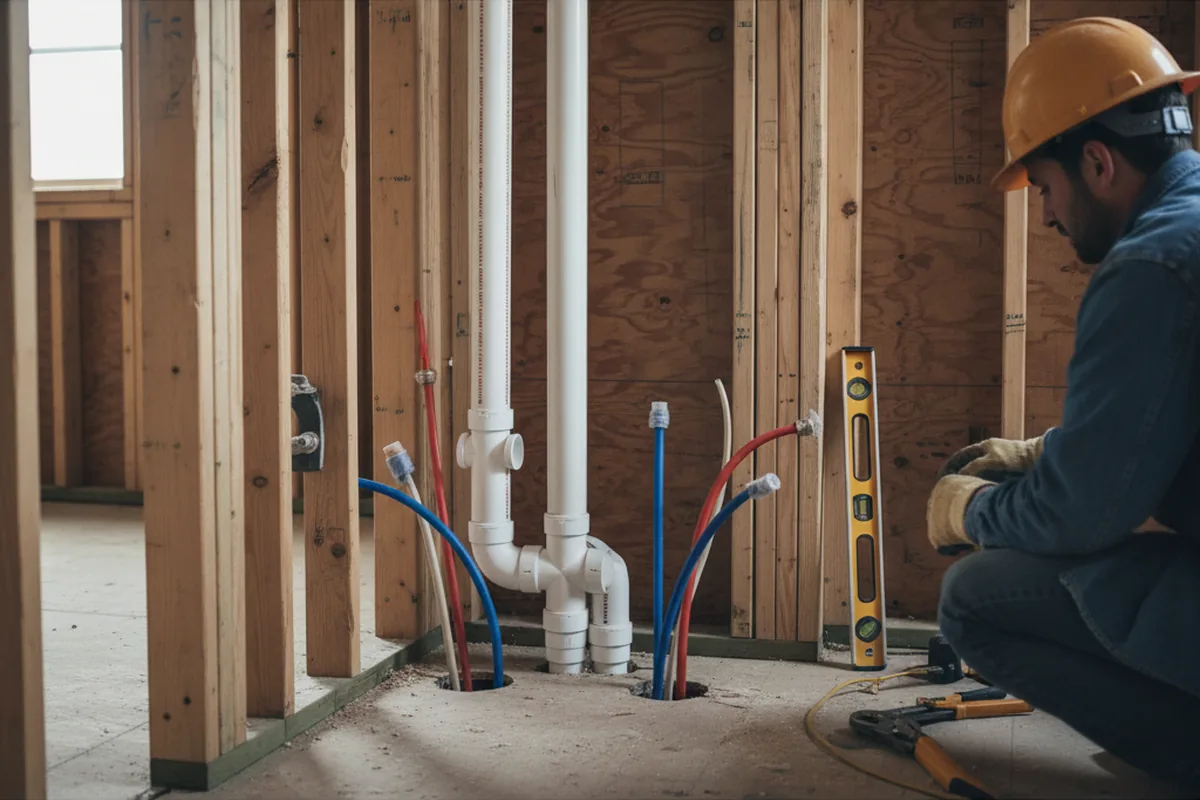 Drain and supply rough-in during Sump Pump Repair in Satin