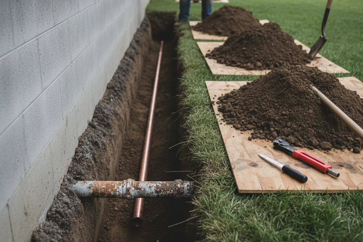 Excavated water line trench during Water Softener Installation in Satin